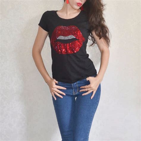 New Fashion Womans Sexy Lips Rhinestone T Shirt 2017 Short Sleeve