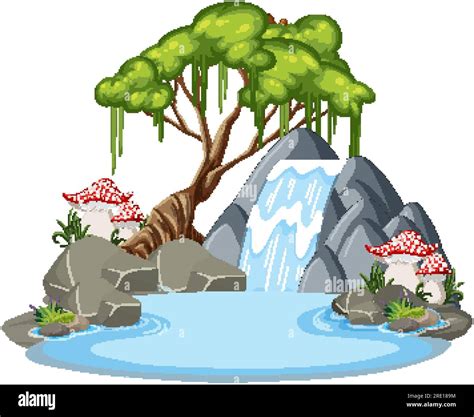 Waterfall With Tree In Cartoon Style Illustration Stock Vector Image