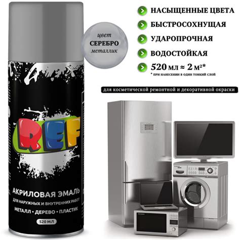Краска REF, для бытовой техники, быстросохнущая, серебристый, аэрозоль ...