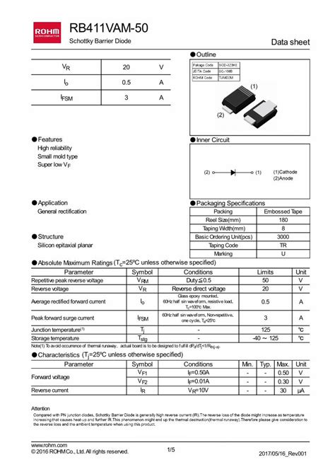 PDF RB411VAM 50TR Diodes Rohmrohmfs Rohm Diode Schottky