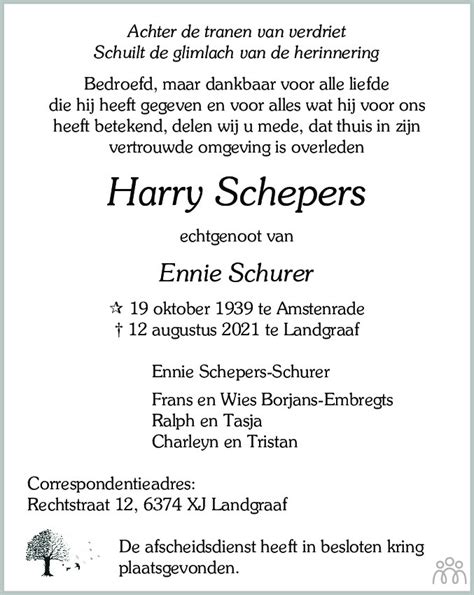 Harry Schepers Overlijdensbericht En Condoleances