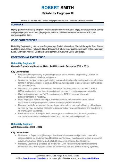 Reliability Engineer Resume Samples QwikResume