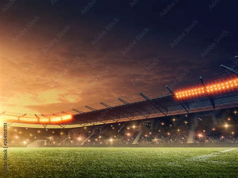 Soccer Stadium With Illuminated Tribunes Sports Event Night Dramatic