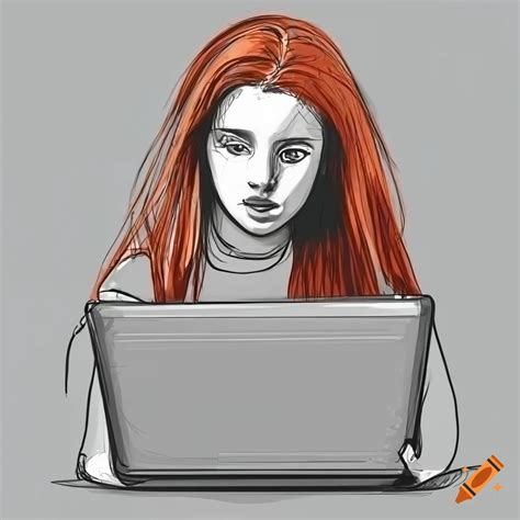 Sketch Of A Focused Redhead Girl Typing On A Laptop On Craiyon