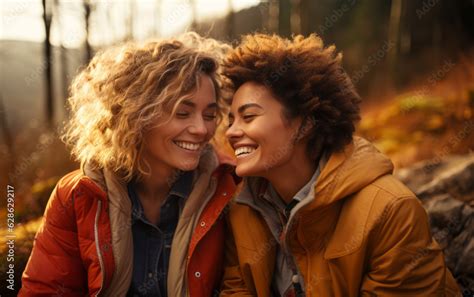 Mixed Lesbian Couple In Love Girlfriends Hugging And Smiling In Nature At Sunset Autumn Season