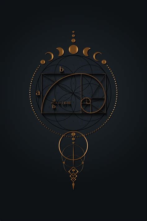 The Golden Clock Is Surrounded By Circles And Moon Phases On A Black