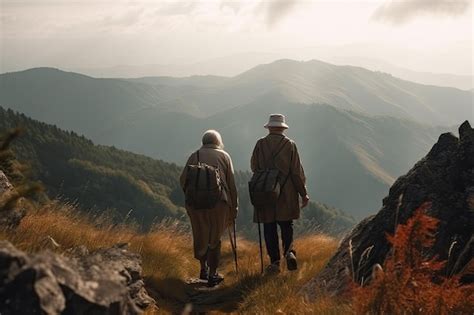 Pareja mayor haciendo senderismo en las montañas turistas mayores con