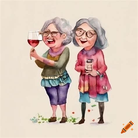 Watercolor Of Two Old Ladies Enjoying Wine And Laughter On Craiyon