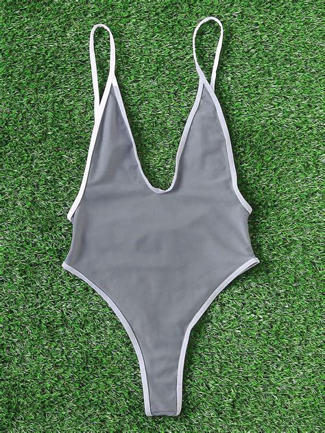 Contrast Trim Plunge Neckline Monokini Shein Sheinside