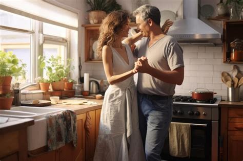 Premium Ai Image Husband And Wife Dancing At Kitchen Room At Home Generative Ai