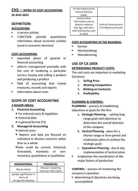 Chapter 1 Cost Accounting Ch1 Intro To Cost Accounting 26 Aug 2023