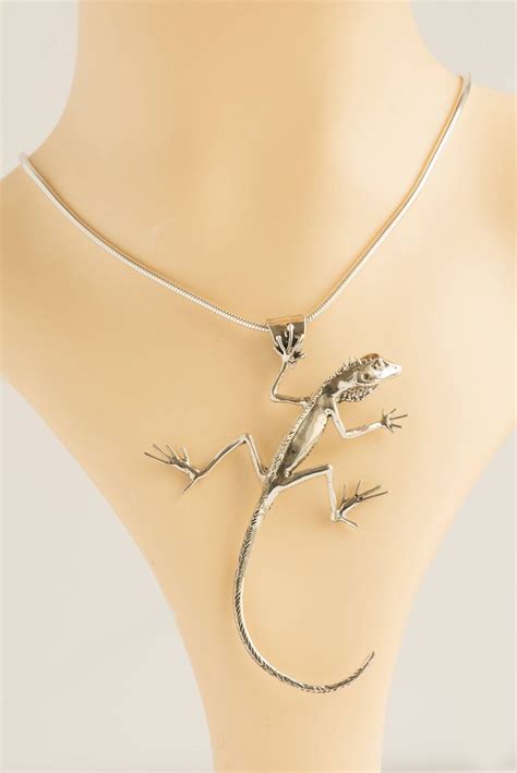 Lizard Pendant Green Crested Lizard Necklace Sterling Silver Lizard