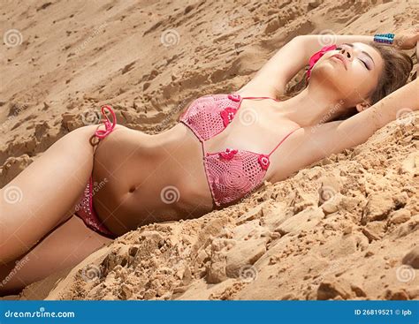 Romantic Woman In Bikini On Sand Sunbathing Stock Image Image Of