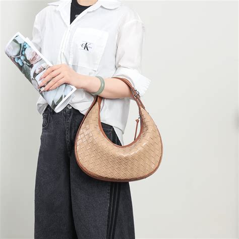 Nude Leather Woven Half Moon Hobo Handbag Shoulder Bag Baginning