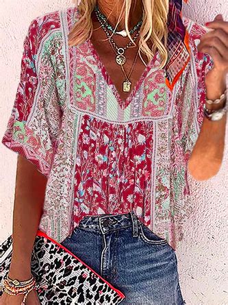 V Neck Boho Casual Half Sleeve Floral Blouse Noracora