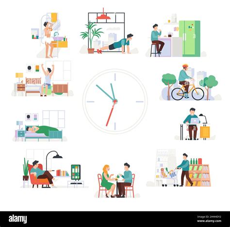 Male daily routine time. Scenes from life guy around large dial ...