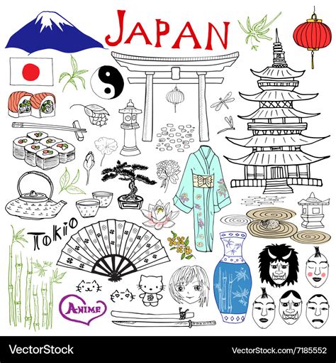 Japan Doodles Elements Hand Drawn Set Royalty Free Vector