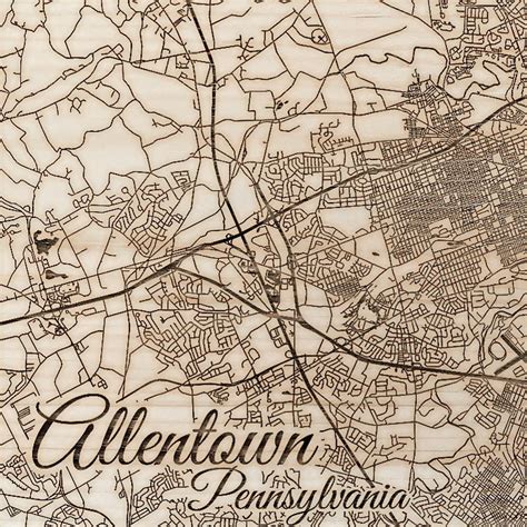 Allentown PA Wooden Street Map | Burnt Laser-Carved Wall Map