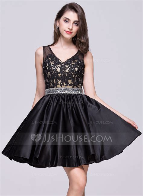 A Line Princess V Neck Short Mini Satin Homecoming Dress With Beading