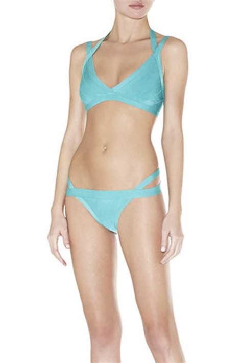 Herve Leger Sky Blue Halter Summer Bandage Swimwear Online Bikini