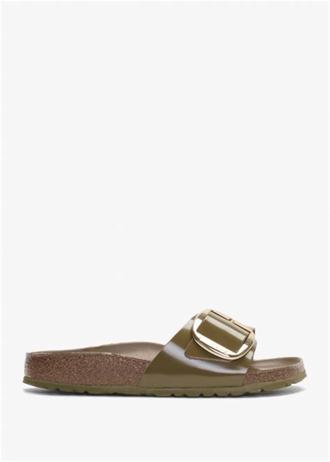 Birkenstock Madrid Big Buckle High Shine Mud Green Leather Mules