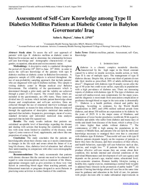 Pdf Assessment Of Self Care Knowledge Among Type Ii Diabetics Mellitus Patients At Diabetic