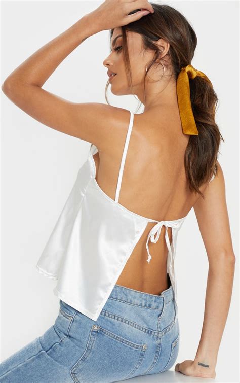 White Tie Back Satin Cami White Tie Denim Jeans Ripped Satin Cami