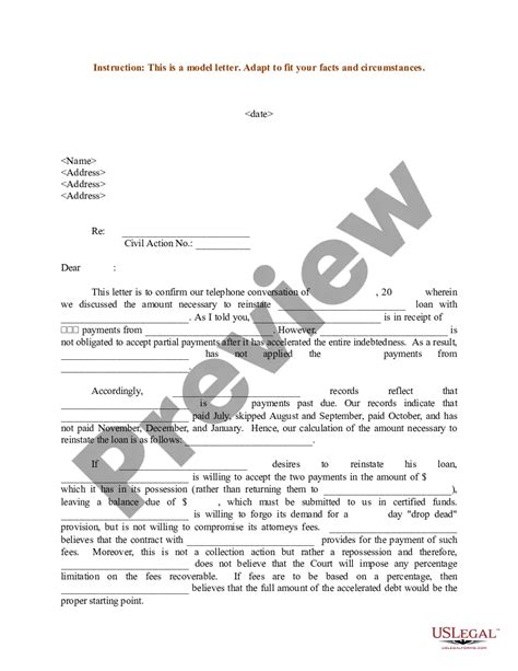 Loan Reinstatement Letter Sample For Mortgage Us Legal Forms