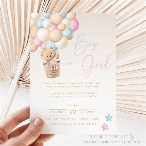 Teddy Bear Gender Reveal Invitation We Can Bearly Wait Invite Pink Or