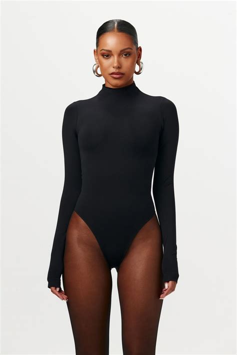 Seamless Mock Neck Bodysuit Black L Xl In 2024 White Bodycon