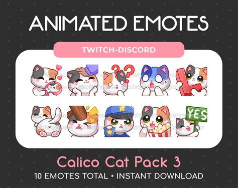 10 Animated Static Cute Calico Cat Emotes Pack 3 For Twitch Youtube