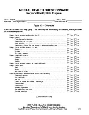 Mental Health Questionnaire For Adults PDF 2006 2024 Form Fill Out