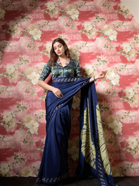 Blue Tie And Dye Silk Sari With Ajrakh Print Mashru Silk Blouse