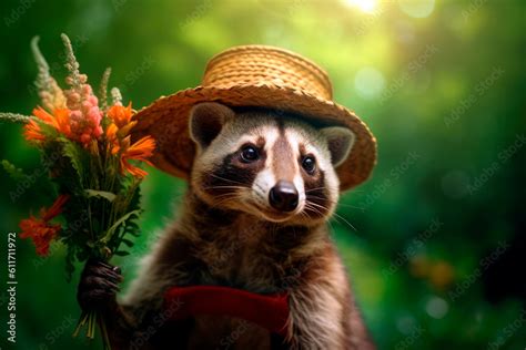 friendly and charismatic coati character involved in an everyday activity, animal influencer ...