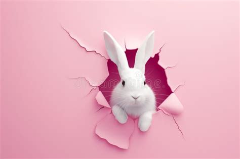 Curious Easter Bunny Or Rabbit Peeking Through A Hole On Soft Pink