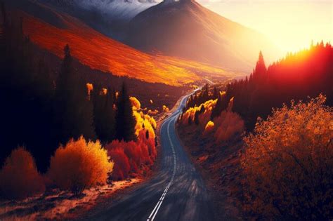 Premium Photo | Sunrise over mountain road in autumn