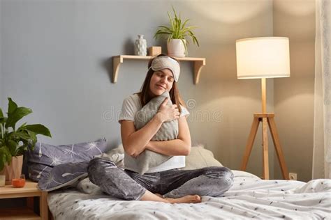 Portrait Of Cute Happy Satisfied Smiling Woman Wearing Sleeping Mask