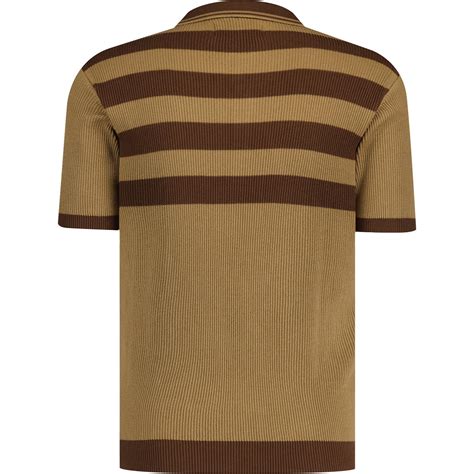 Madcap England Terry Retro Mod Ribbed Stripe Knit Polo Caramel