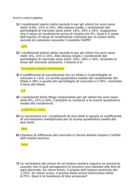 Rischio E Capital Budgeting 1 Allo Stesso Modo I Rendimenti Del Portafoglio Di Mercato Sono