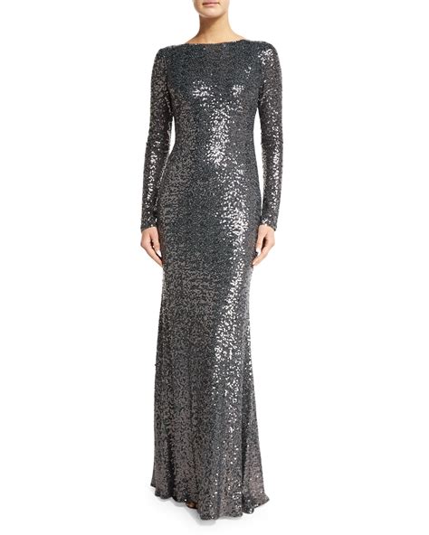 Lyst Badgley Mischka Long Sleeve Cowl Back Sequined Mermaid Gown In