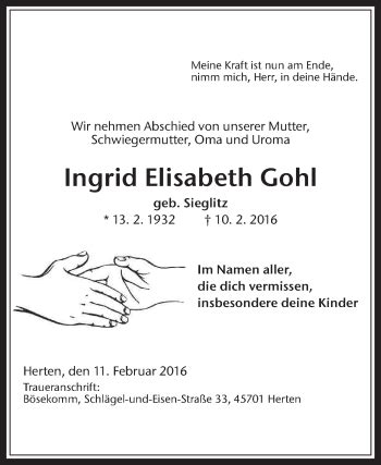 Traueranzeigen Von Ingrid Elisabeth Gohl Sich Erinnern De