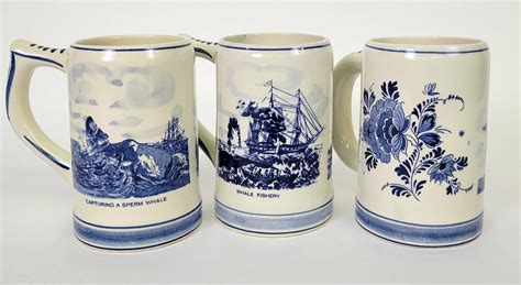 Six Vintage Blue Delfts Hand Painted Whale Ship Decorated Mugs Six