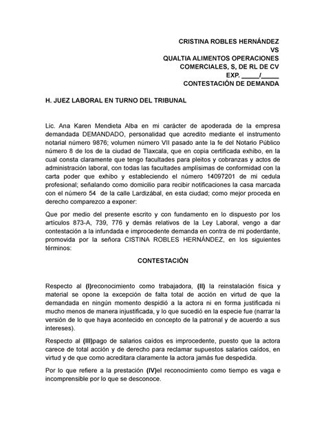 Contestación de demanda laboral CRISTINA ROBLES HERNÁNDEZ VS QUALTIA