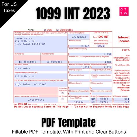 1099 Int Form Pdf Template 2023 With Print And Clear Buttons Etsy