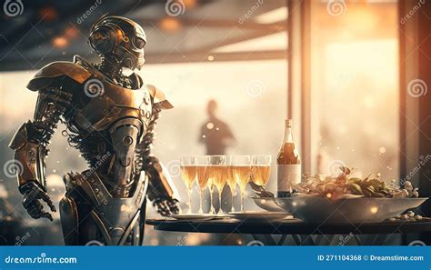 The Future of Humanity .robot Waiter Buffet Restaurant Worker Champagne ...