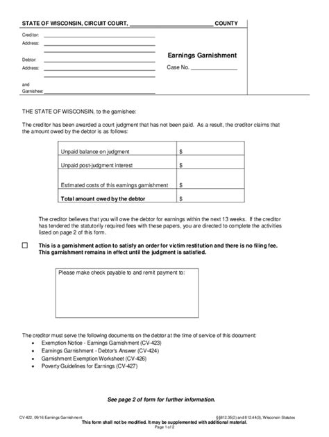 Wisconsin Garnishment Exemption Worksheet