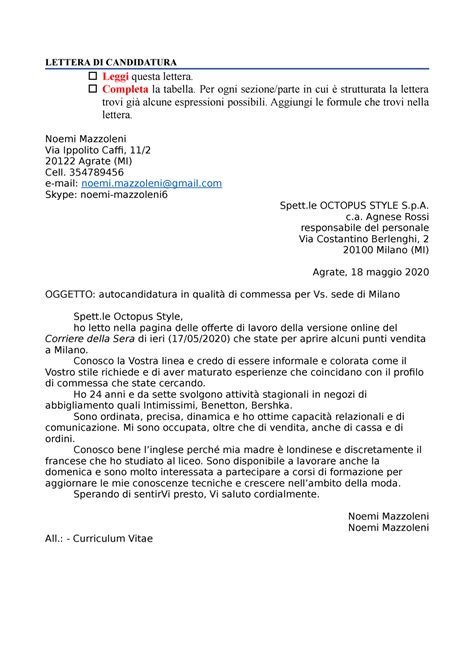 Lettera DI Candidatura Struttura LETTERA DI CANDIDATURA Leggi Questa