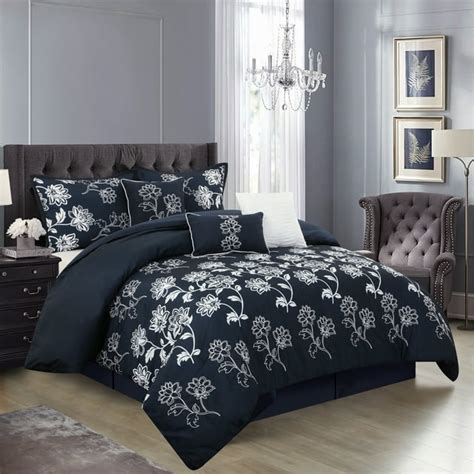 Lanco Floral Embroidery 7 Piece Comforter Set Navy Queen Floral 100 Polyester And Fill