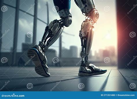 Robot Mechanical Foot Is Walking On The Floor Cyborg Detail