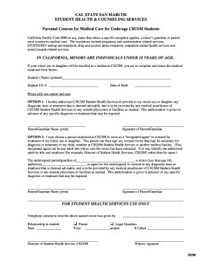 Fillable Online Csusm Parental Minor Consent Form California State